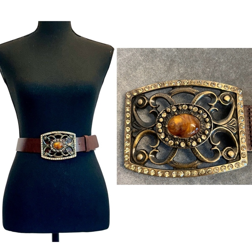Barbara & Company brown genuine leather crystal rhinestone amber stone belt S